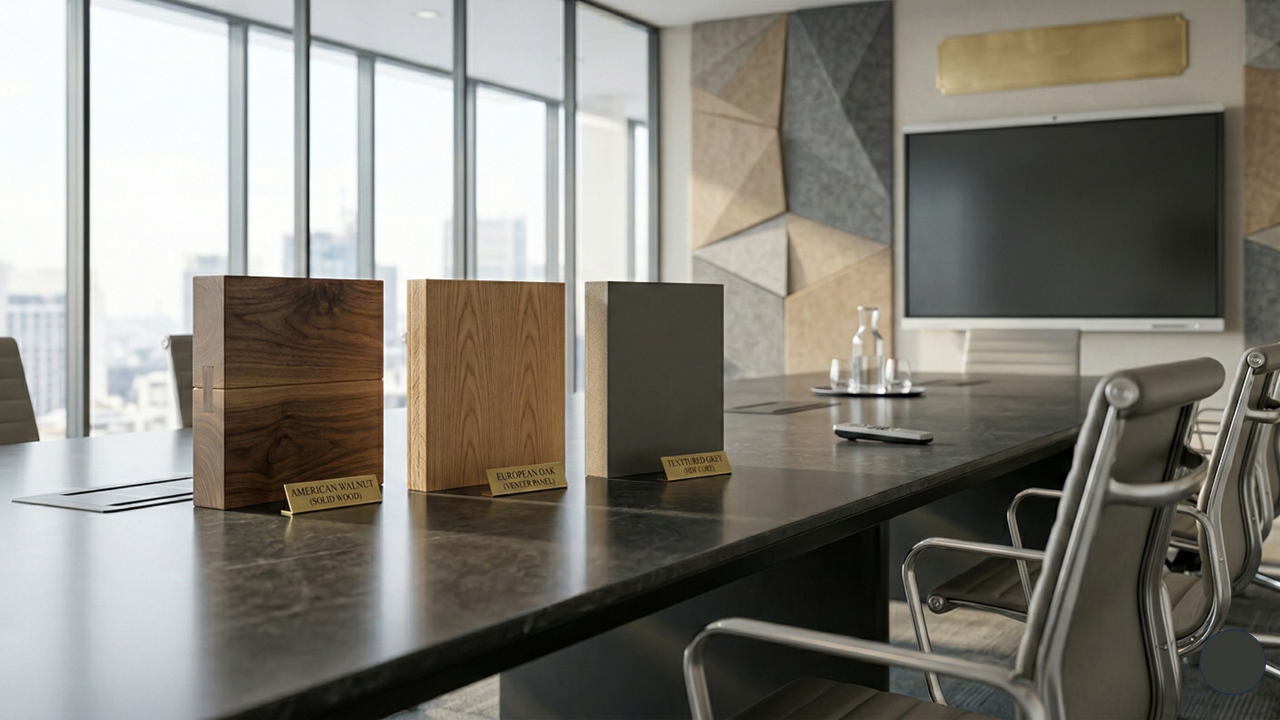 Comparison of American Walnut solid wood, European Oak veneer, and textured grey MDF samples on an architect's desk.